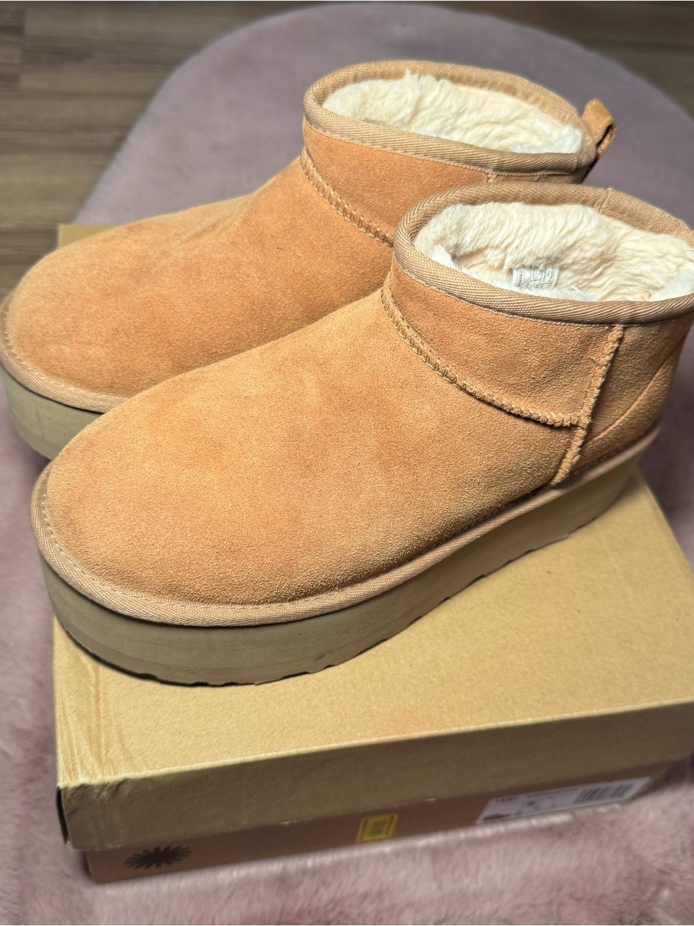 UGG Women's Short Suede Shearling Slip-On Boots in Chestnut Tan